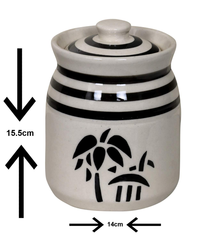 RAJ ROYAL Ceramic Serving Pot Modeling Clay Grey Pottery Handmade Painted Cornichon Crockery Pulses Rice Dry Fruit Pickle Storage Jar For Dining Table Kitchen Set Storage Canister (White) - 2 KG