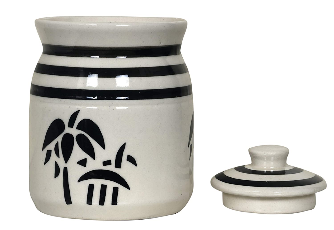 RAJ ROYAL Ceramic Serving Pot Modeling Clay Grey Pottery Handmade Painted Cornichon Crockery Pulses Rice Dry Fruit Pickle Storage Jar For Dining Table Kitchen Set Storage Canister (White) - 750 Grams