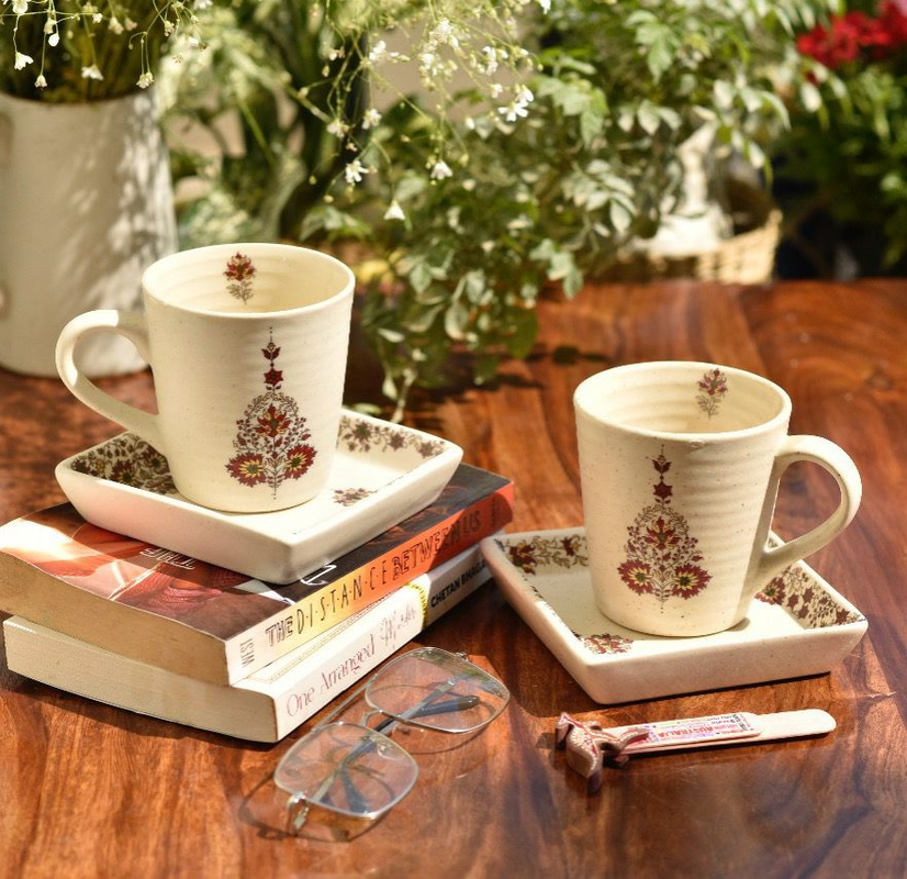 Handmade Ceramic Stoneware Mug & Platter Set Of 4